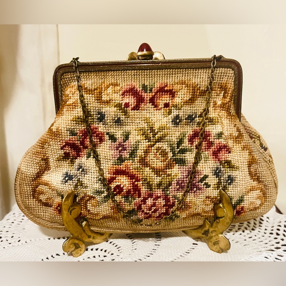 Vintage Jolles Austria Petit Point Floral Handbag Ornate Brass Red Jewel Clasp
